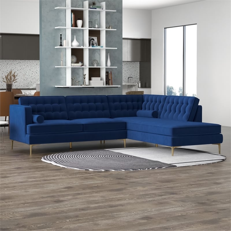 Kole Navy Blue Velvet Modern Living Room Corner Sectional Couch