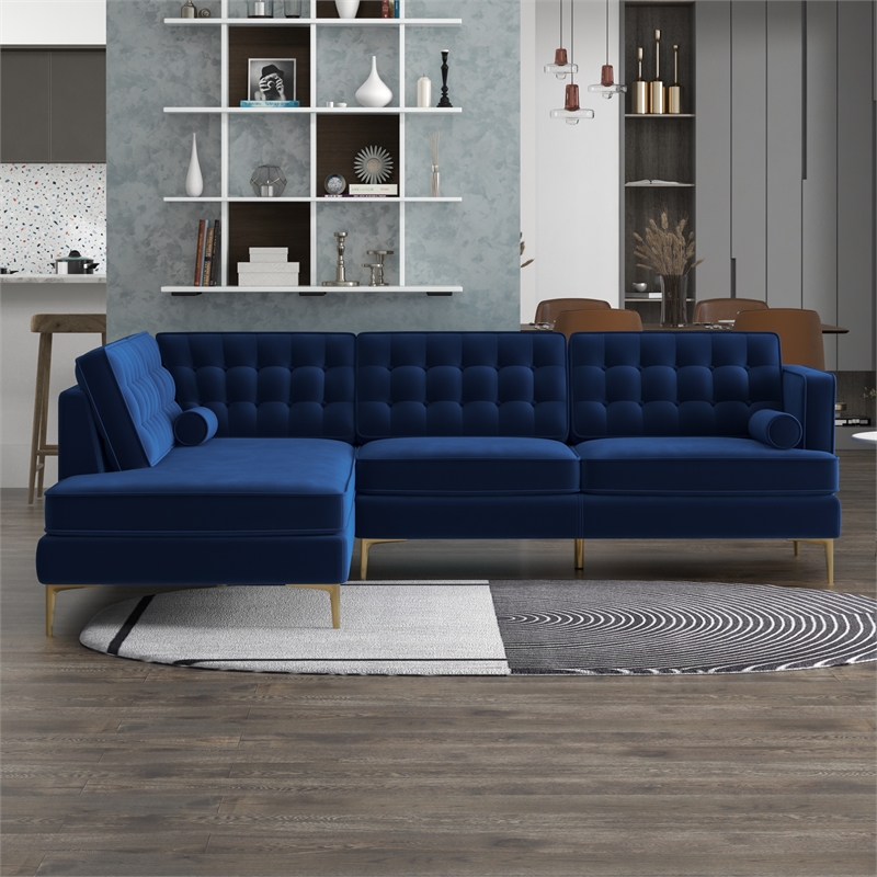 Kole Navy Blue Velvet Modern Living Room Corner Sectional Couch