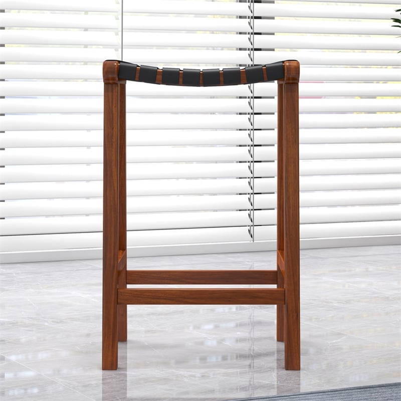 Trang Mid-Century Modern Square Genuine Leather Counter Stool in Black