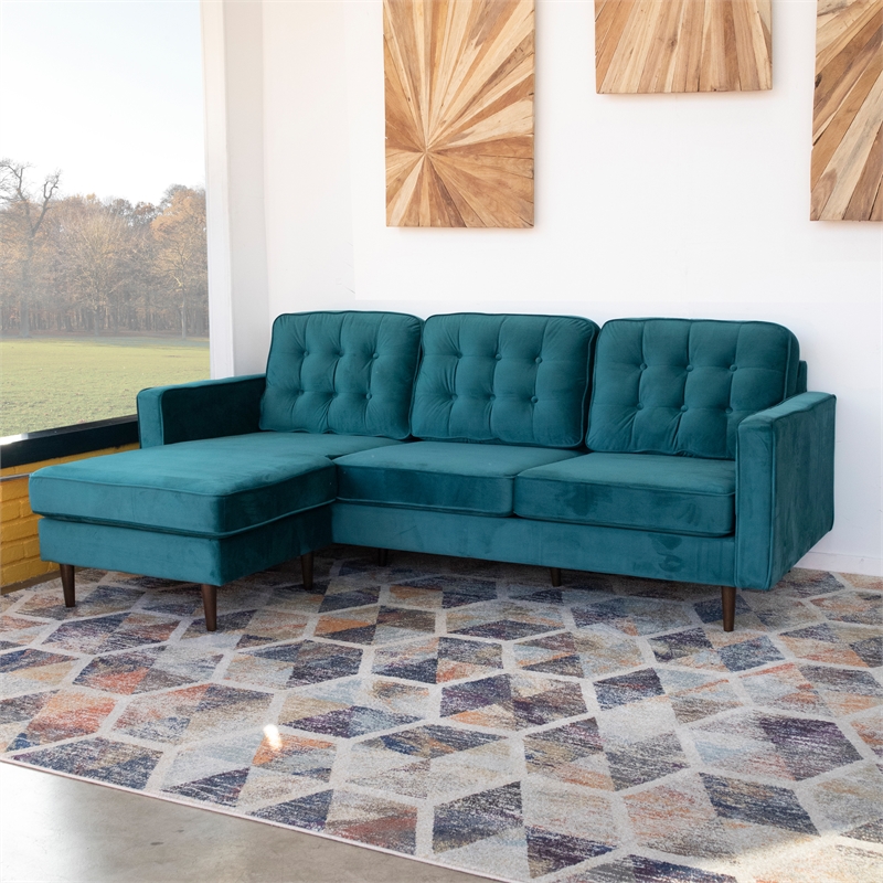 Mid Century Modern Kayle Teal Velvet Reversible Sectional Sofa - ASH0143