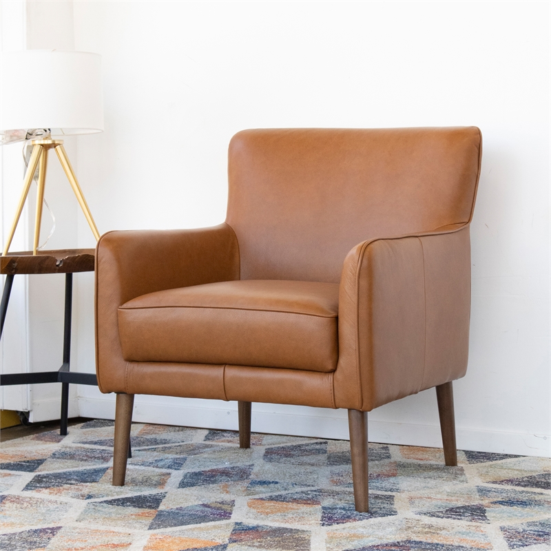 Mid Century Modern Silvan Tan Aniline Leather Accent Chair