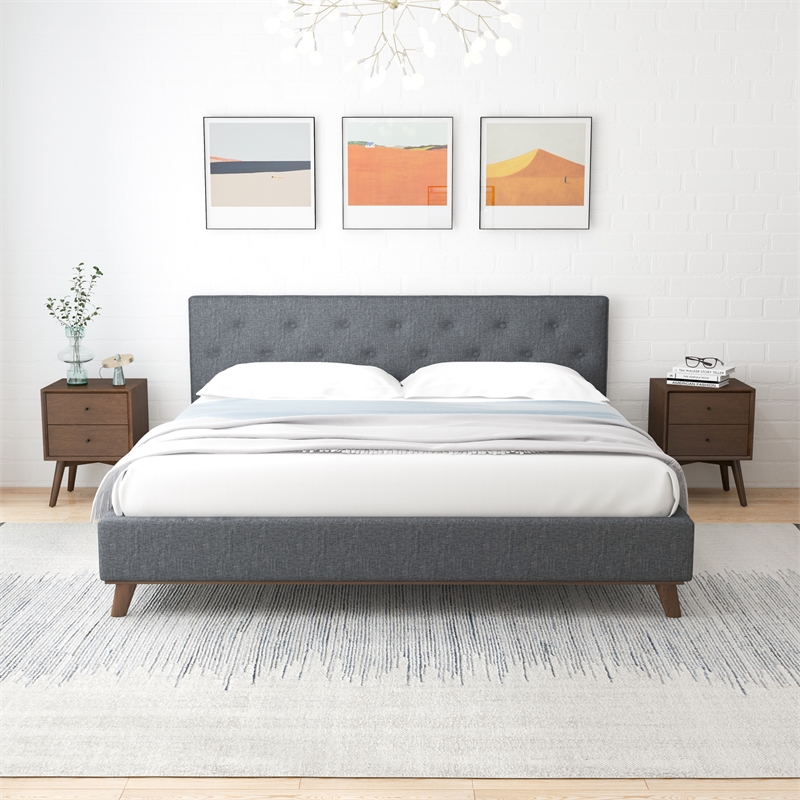 Davlon Mid Century Modern Gray Fabric Upholstered King Platform Bed