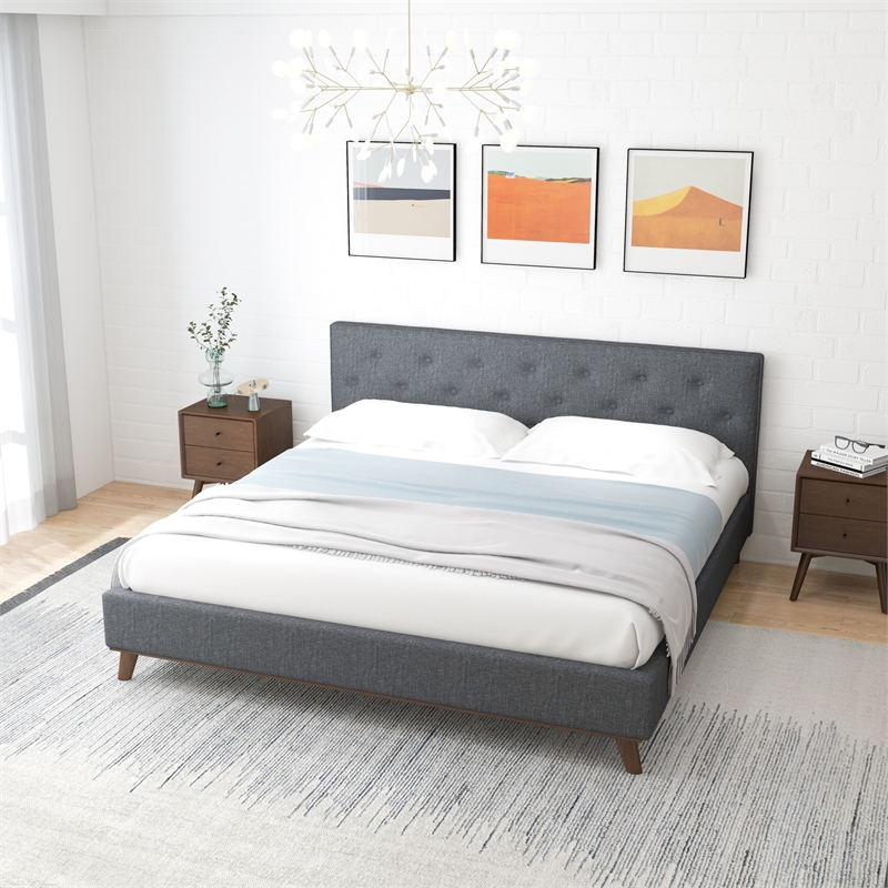 Davlon Mid Century Modern Gray Fabric Upholstered King Platform Bed