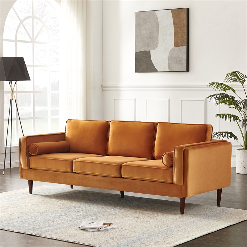 Hudson Living Room Mid Century Modern Pillow Back Velvet Sofa in Orange