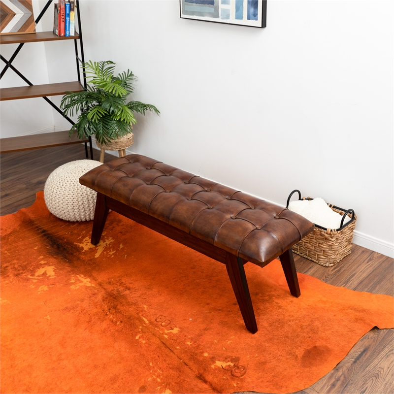 neva button-tufted genuine leather upholstered bench in tan