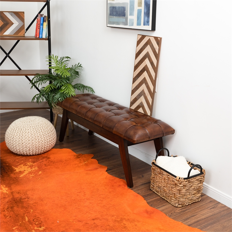 neva button-tufted genuine leather upholstered bench in tan