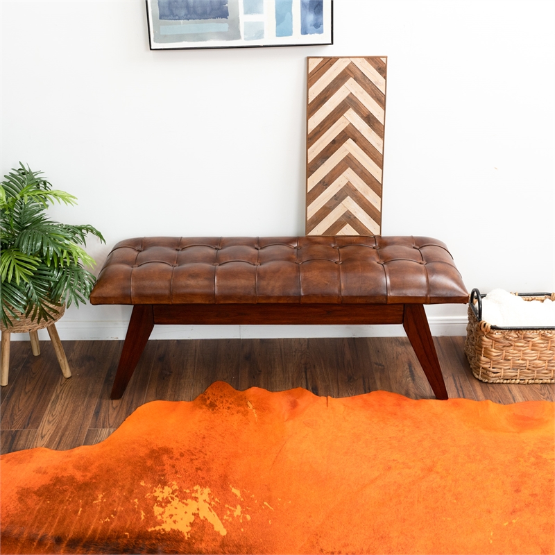 neva button-tufted genuine leather upholstered bench in tan