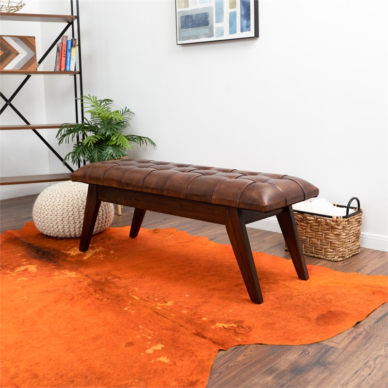 neva button-tufted genuine leather upholstered bench in tan