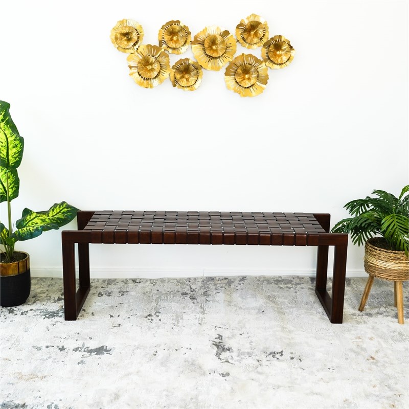 Elenor Mid-Century Modern Rectangular Genuine Tan Leather & Solid Wood Bench