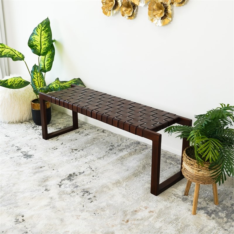 Elenor Mid-Century Modern Rectangular Genuine Tan Leather & Solid Wood Bench