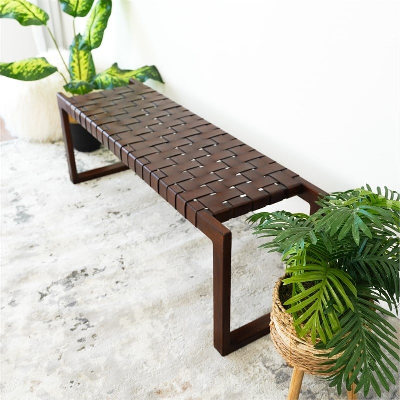 Elenor Mid-Century Modern Rectangular Genuine Tan Leather & Solid Wood Bench