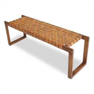 elenor mid-century modern rectangular genuine tan leather upholstered bench