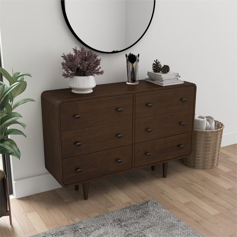 Stafford Modern Bedroom 6 Drawers Dressers in Solid Wood Walnut Brown