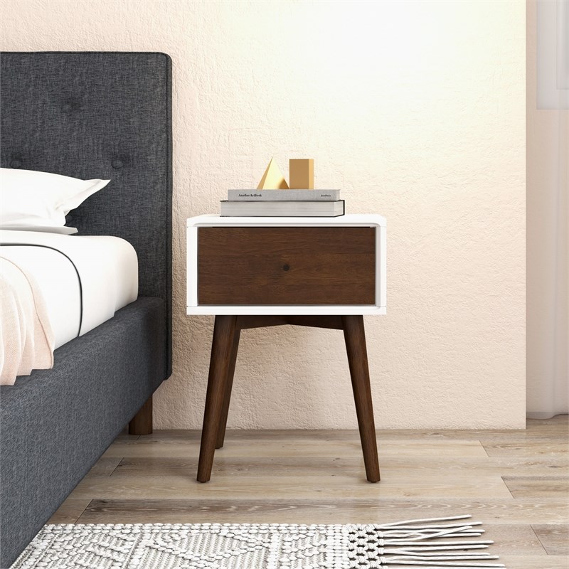 Cooper Mid-Century Modern Solid Wood Frame White 1-Drawer Nightstand