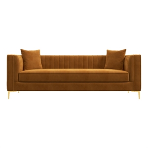 Ashcroft Kali Style VelvetUpholstered  Square Arm Couch in Cognac Tan