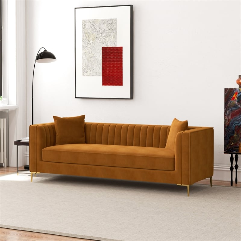Ashcroft Kali Style VelvetUpholstered  Square Arm Couch in Cognac Tan
