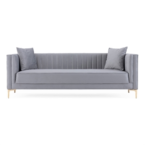 Ashcroft Kali Style Velvet Upholstered Square Arm Couch in Gray
