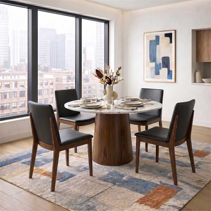 Valentine Mid-Century Modern Faux Leather Dining Chair in Black (Set of 2)