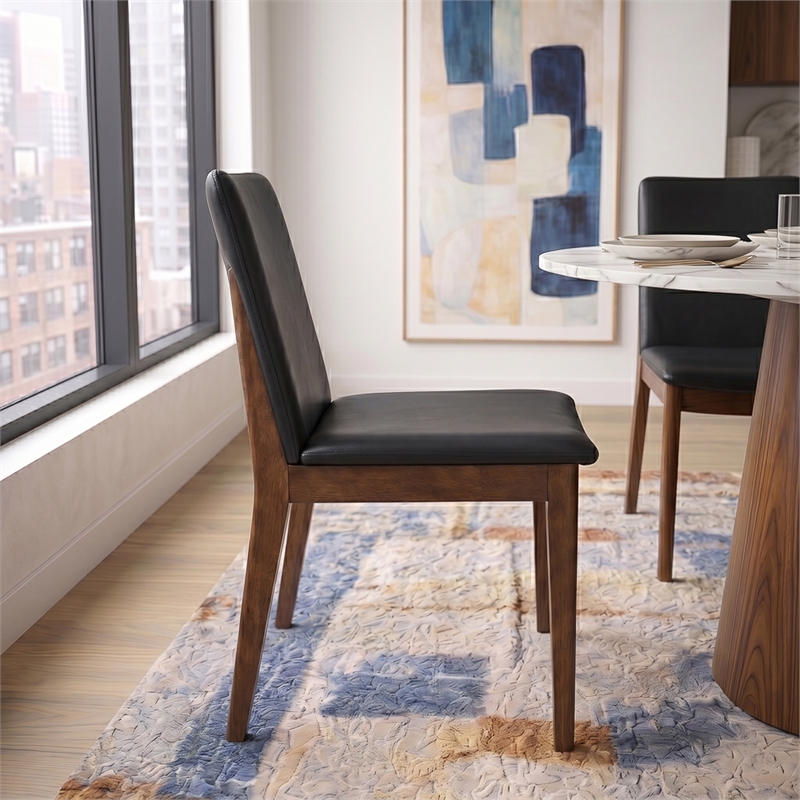 Valentine Mid-Century Modern Faux Leather Dining Chair in Black (Set of 2)