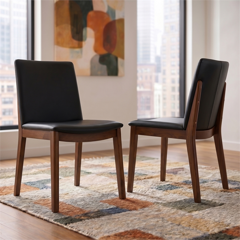 Valentine Mid-Century Modern Faux Leather Dining Chair in Black (Set of 2)