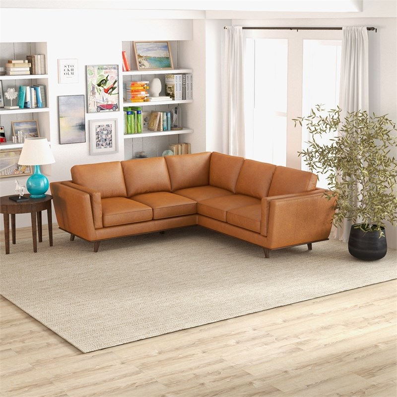 Timbukto Tan Leather Modern Living Room Symmetrical Corner Sectional Sofa