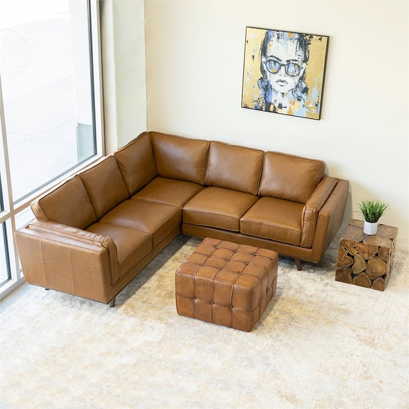 Mid Century Modern Everdale Tan Genuine Leather Corner Sofa Ash0305 Mid Century Modern Everdale Tan Genuine, Modern Leather Corner Sofas Uk