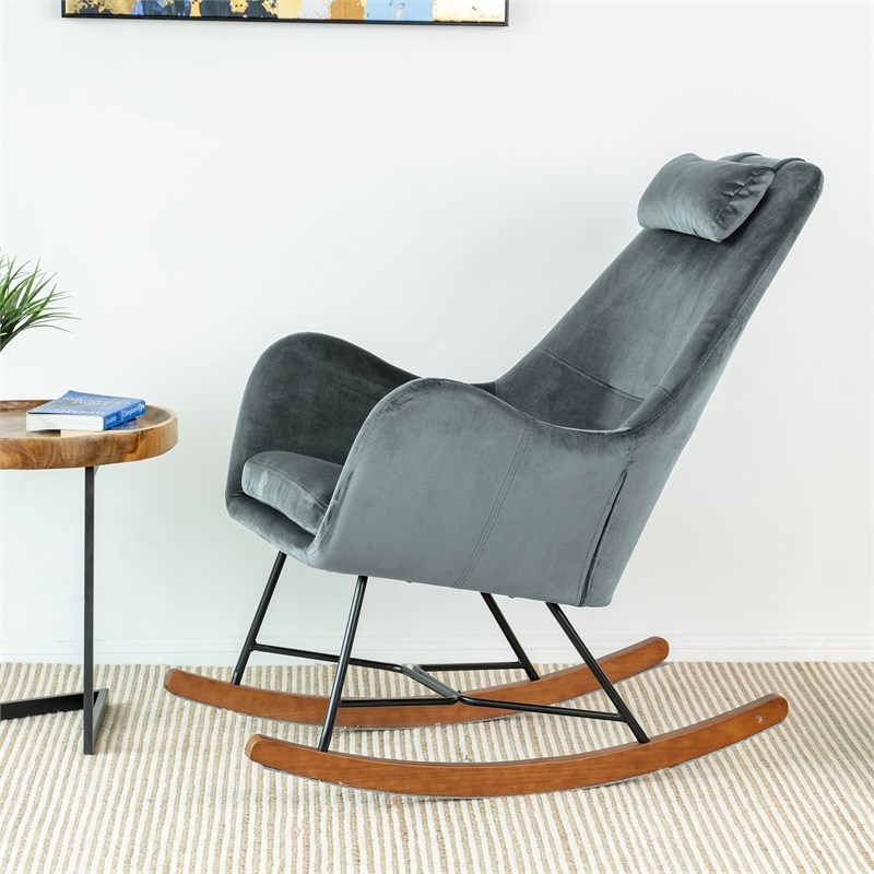 Revi Mid Century Modern Glider Velvet Rocking Chair for Nursery in Gray