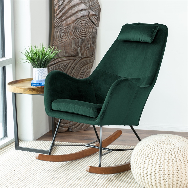 Revi Mid Century Modern Indoor Velvet Nursery Rocking Chairs in Green
