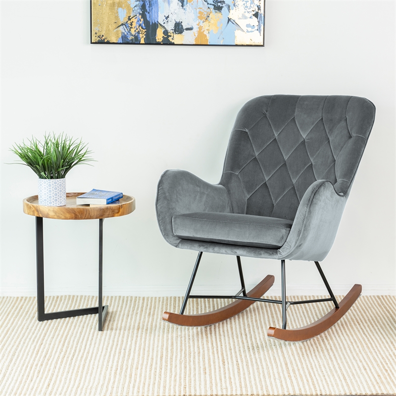 Severn Mid Century Modern Indoor Nursery Velvet Rocking Chairs in Dark Gray