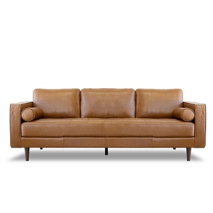 Jax Mid-Century Modern Pillow Back Genuine Leather Sofa in Tan