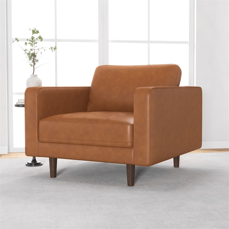 Jax Luxury Modern Tufted Seat Full Grain Leather Cognac Tan Accent Armchair