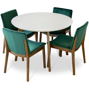 Coleman 5-Piece Mid-Century round Dining Set w/ 4 Velvet Dining Chairs in Green