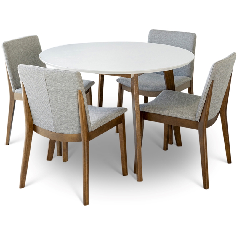5-Piece Mid-Century Dining Set w/ 4 Fabric Dining Chairs in Light Gray