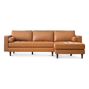 demi mid-century l-shaped cushion back leather sectional in tan