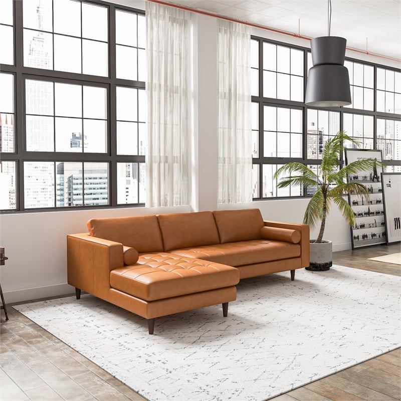 Demi Modern Living Room Top Leather Corner Sectional Couch in Cognac Tan