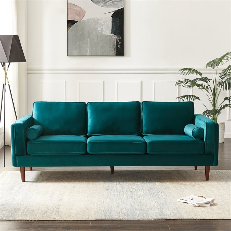 Hudson Living Room Mid Century Modern Pillow Back Velvet Sofa in Turquoise