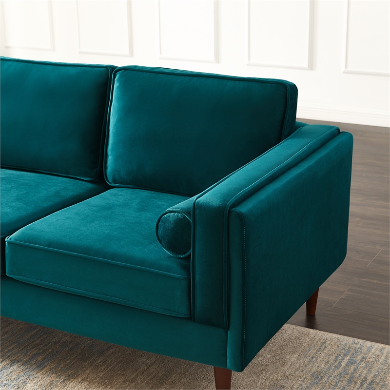 Hudson Living Room Mid Century Modern Pillow Back Velvet Sofa in Turquoise