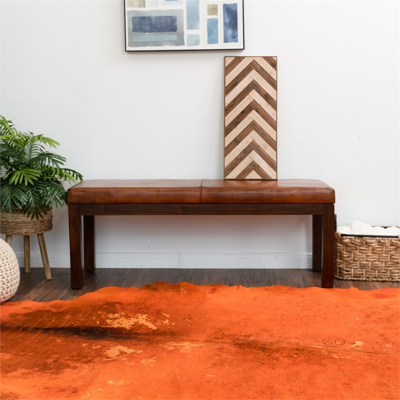 Kalenci Mid-Century Modern Rectangular Genuine Leather Bench in Antique Tan
