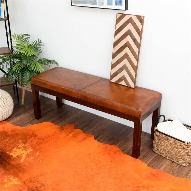 Kalenci Mid-Century Modern Rectangular Genuine Leather Bench in Antique Tan