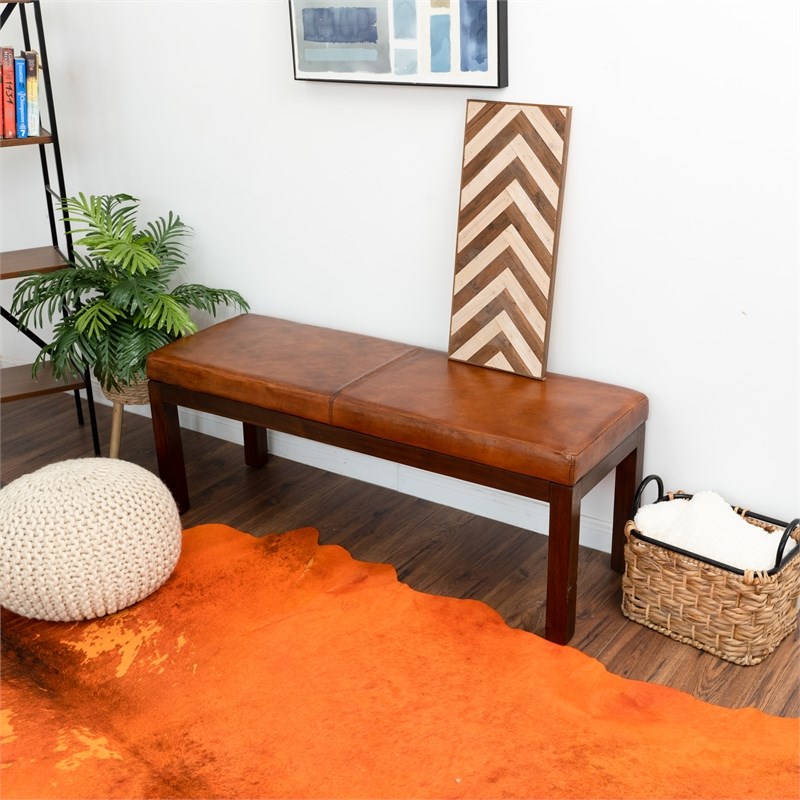 Kalenci Mid-Century Modern Rectangular Genuine Leather Bench in Antique Tan
