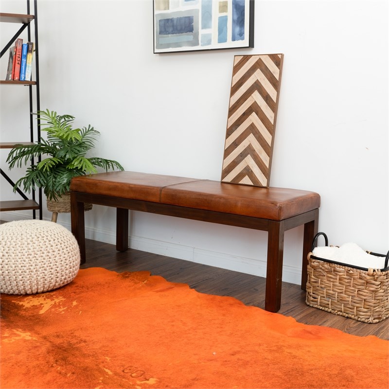 Kalenci Mid-Century Modern Rectangular Genuine Leather Bench in Antique Tan