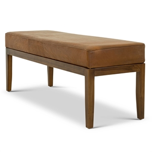 kimberly mid-century modern genuine leather upholstered bench in dark tan
