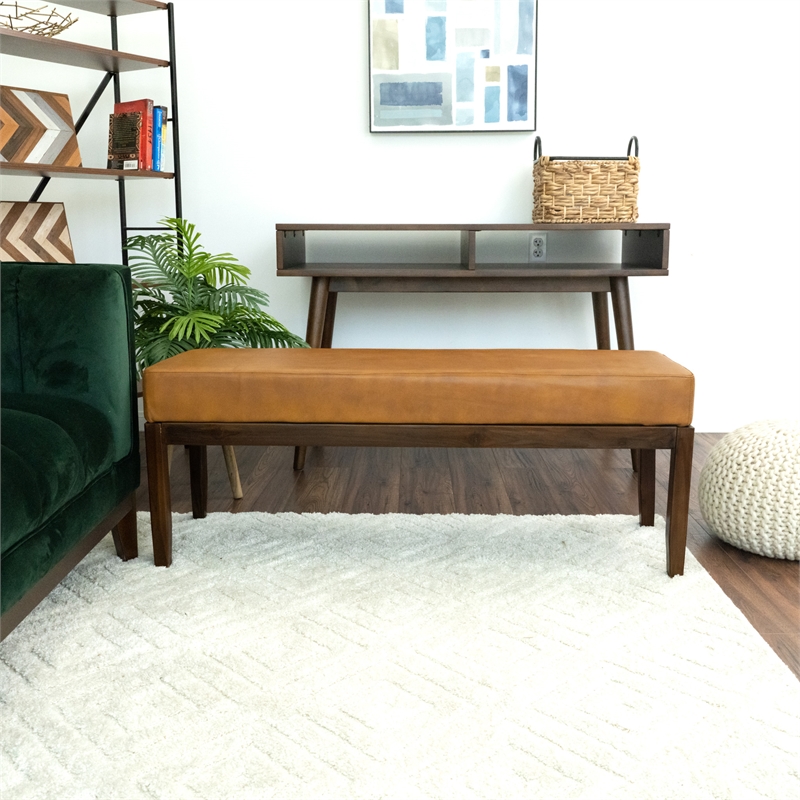 Komodo Mid-Century Modern Genuine Leather Upholstered Bench in Dark Tan