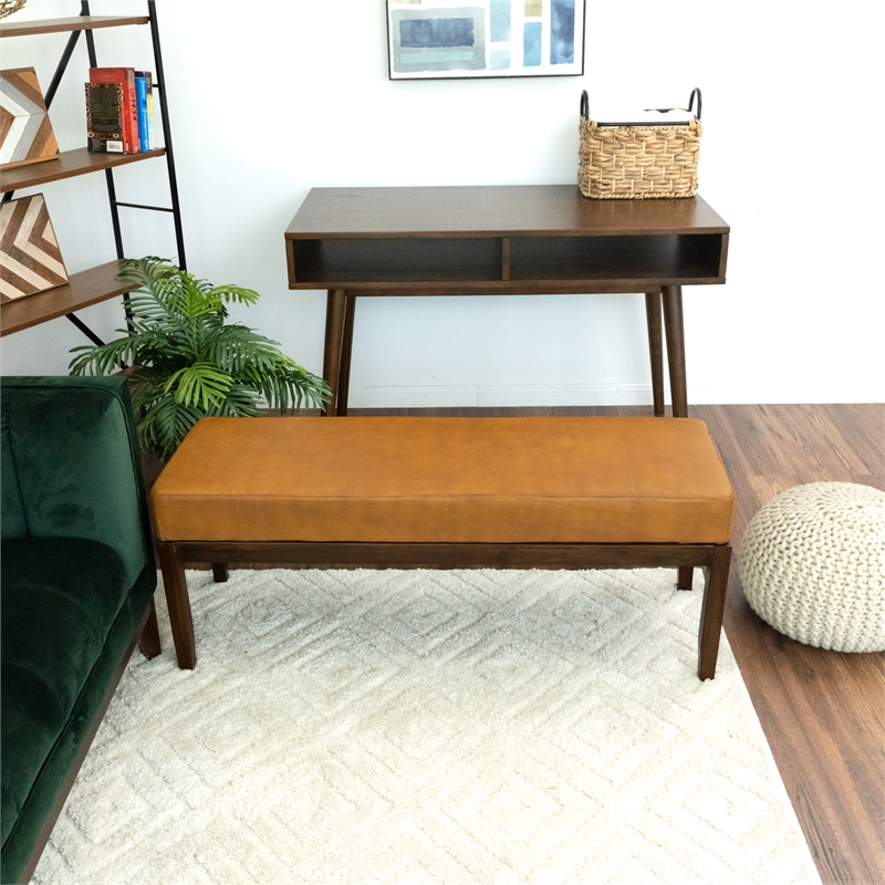 Komodo Mid-Century Modern Genuine Leather Upholstered Bench in Dark Tan