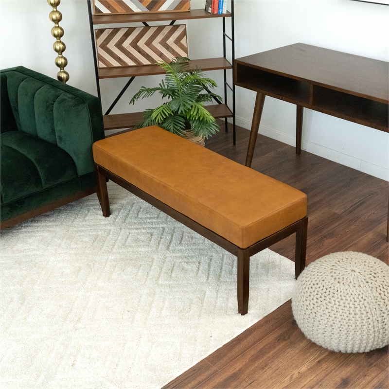 Komodo Mid-Century Modern Genuine Leather Upholstered Bench in Dark Tan