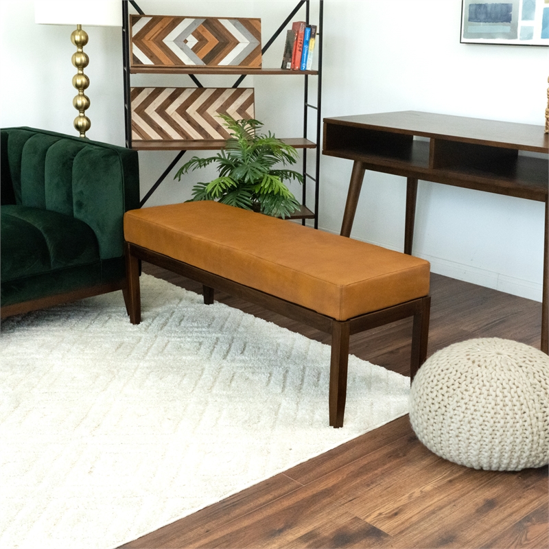 Komodo Mid-Century Modern Genuine Leather Upholstered Bench in Dark Tan