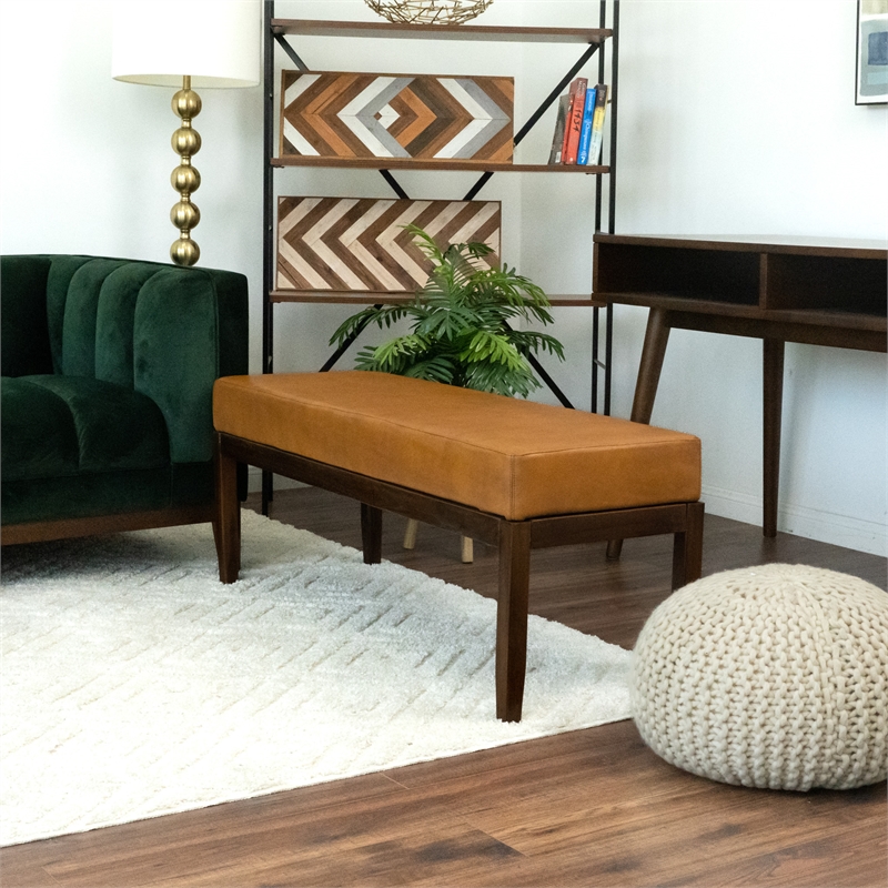 Komodo Mid-Century Modern Genuine Leather Upholstered Bench in Dark Tan