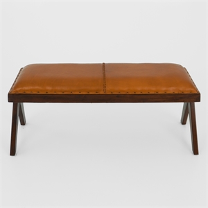 Tampa Mid-Century Modern Genuine Leather Button-Tufted Upholstered Bench in Tan
