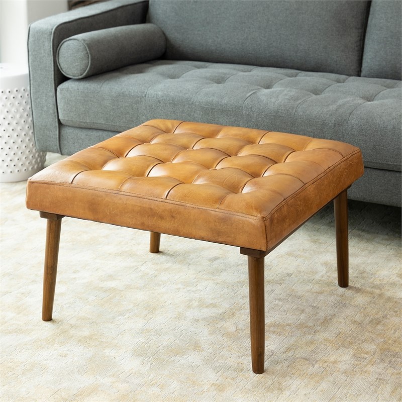 Pannonia Mid-Century Modern Square Tufted Tan Leather Ottoman