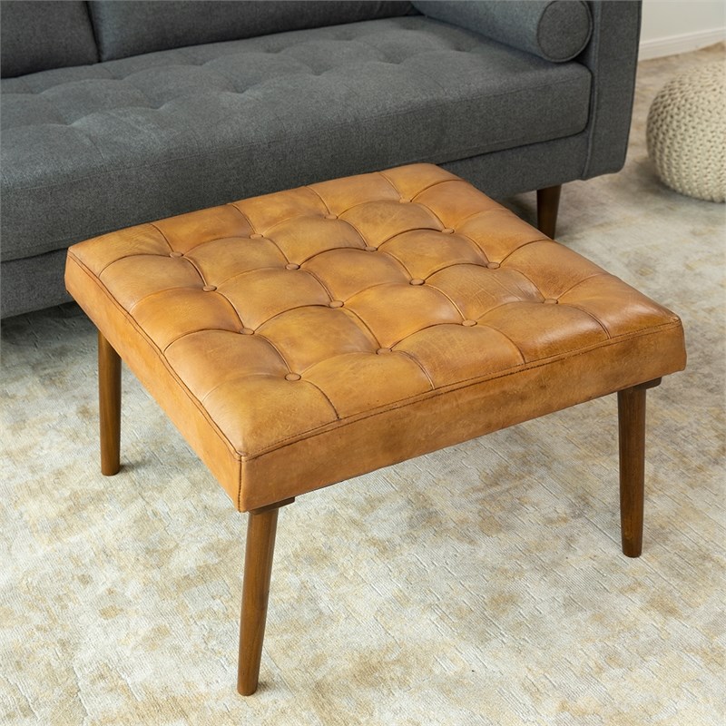Pannonia Mid-Century Modern Square Tufted Tan Leather Ottoman